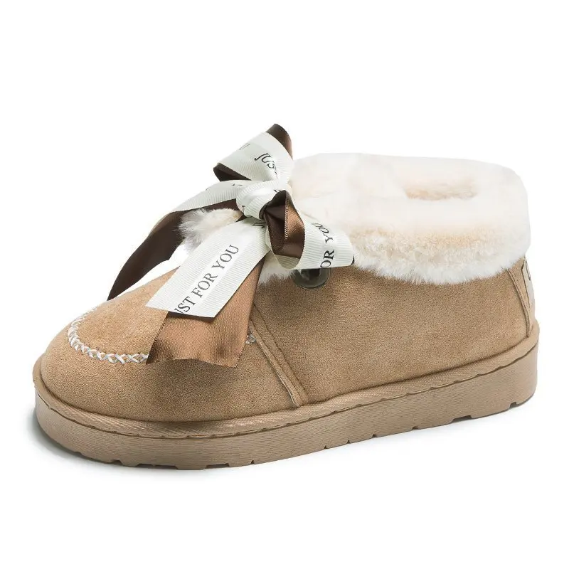 

New Arrivals winter women's short boot bowknot suede cotton and plush fur flannel round head flat rubber snow boots 2020