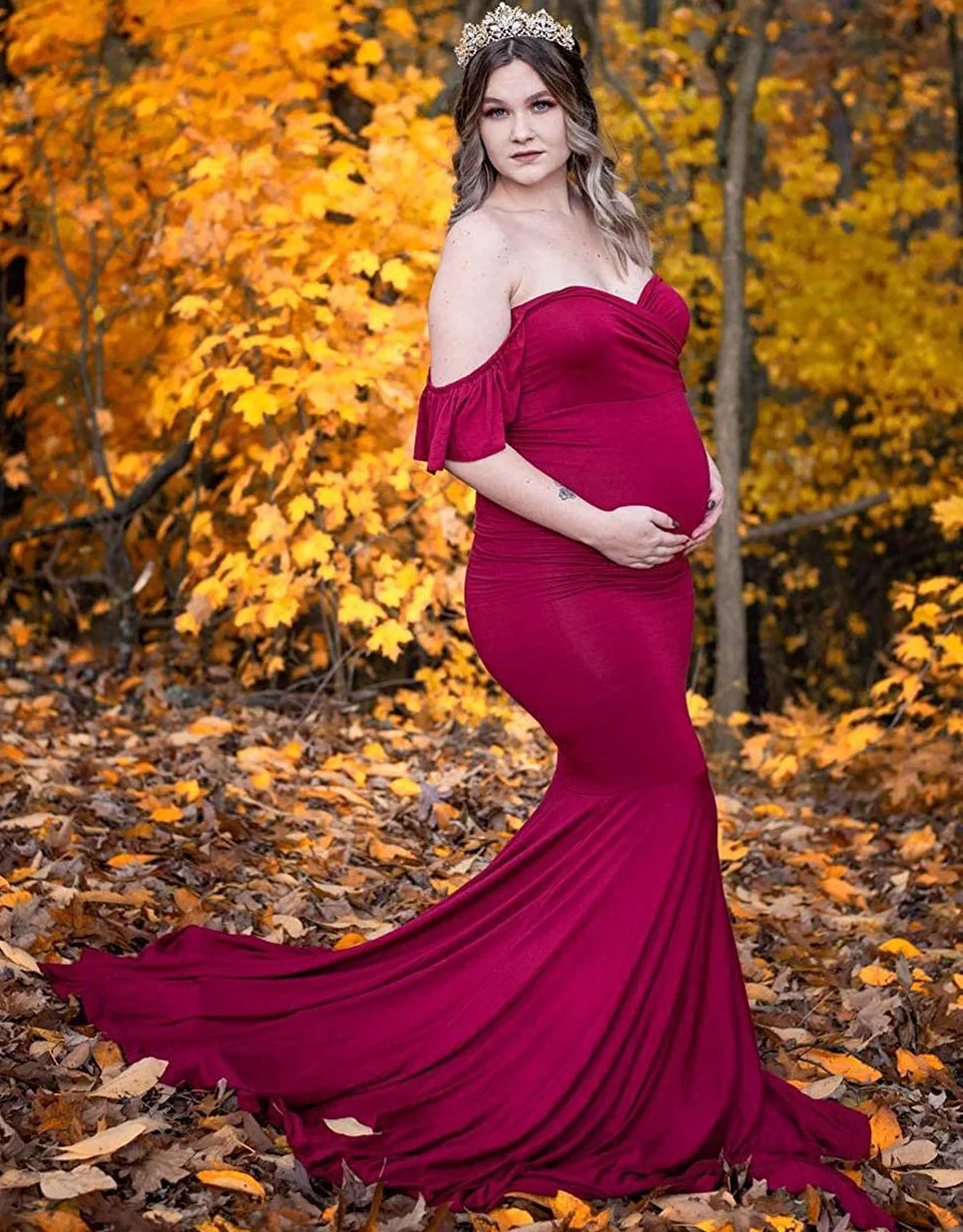 Shoulderless Maternity Dresses For Photo Shoot Sexy Ruffles Sleeve Pregnancy Dress New Maxi Gown Pregnant Women Photography Prop (12)