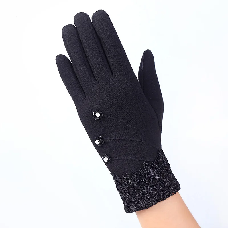 016D-black Женские модные теплые хлопковые перчатки для сенсорного экрана перчатки женские зимние перчатки Цветочные кружевные варежки с бантом - Цвет: 016D-black
