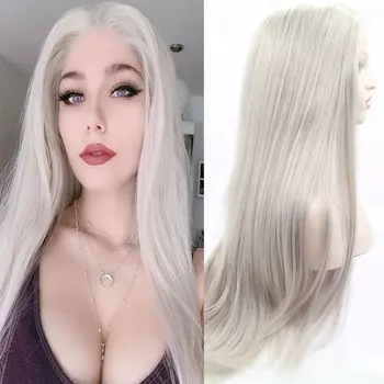 

Bombshell Silky Straight Synthetic 13*3 Lace Front Wigs Platinum Grey Heat Resistant Fiber Hair Natural Hairline For Women Wigs