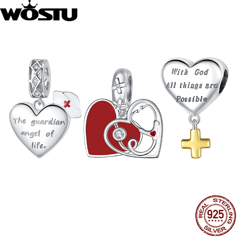 

WOSTU 925 Sterling Silver Guardian Angel Nurse Hat Charms Beads For Women Fit Original Bracelet Bangle Jewelry Accessories SC307