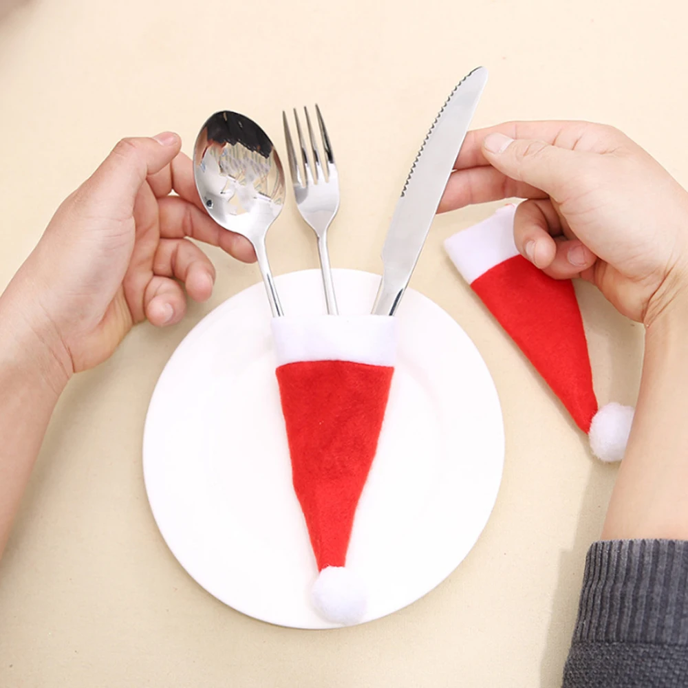 30PC Mini Cutton Christmas Hat Tableware Holder Kitchen Dinnerware Cover Bag Xmas Navidad Natal New Year Home Party Decor