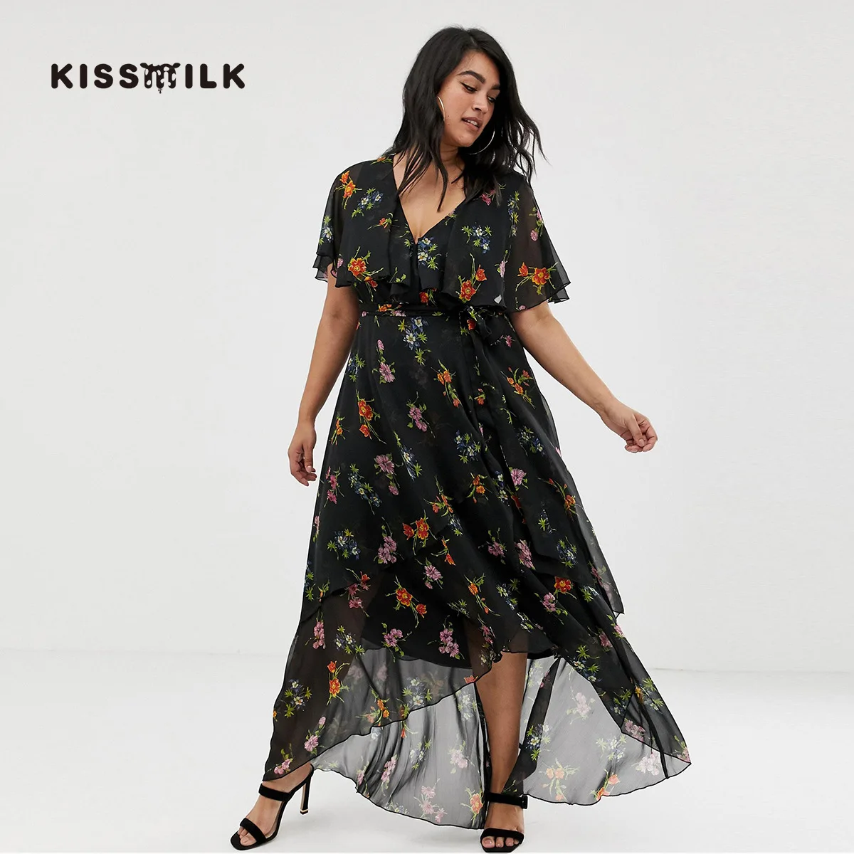 

New Style Summer Hot Sales V-neck Sexy Printed Gauze Joint Flounced Front Short Long Back Dress