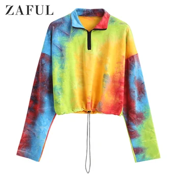 

Zaful Rainbow Gradient Women Causal Sweatshirts Lapel Drop Shoulder Female Pullovers Zipper Drawstring Femme Cropped Sweatshirts