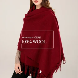 100% Real Wool Shawl Women Winter Warm Scarf Wraps Pashmina Tassel Cashmere Scarf Echarpe Red Wool Scarf Cape Foulard Femme