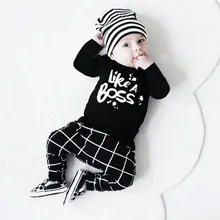 2pcs Letter Printed Tops+ Plaid Pants Outfits Full Sleeve O-neck Collar Sets Cotton Soft Pullover Toddler Baby Clothes Roupa New