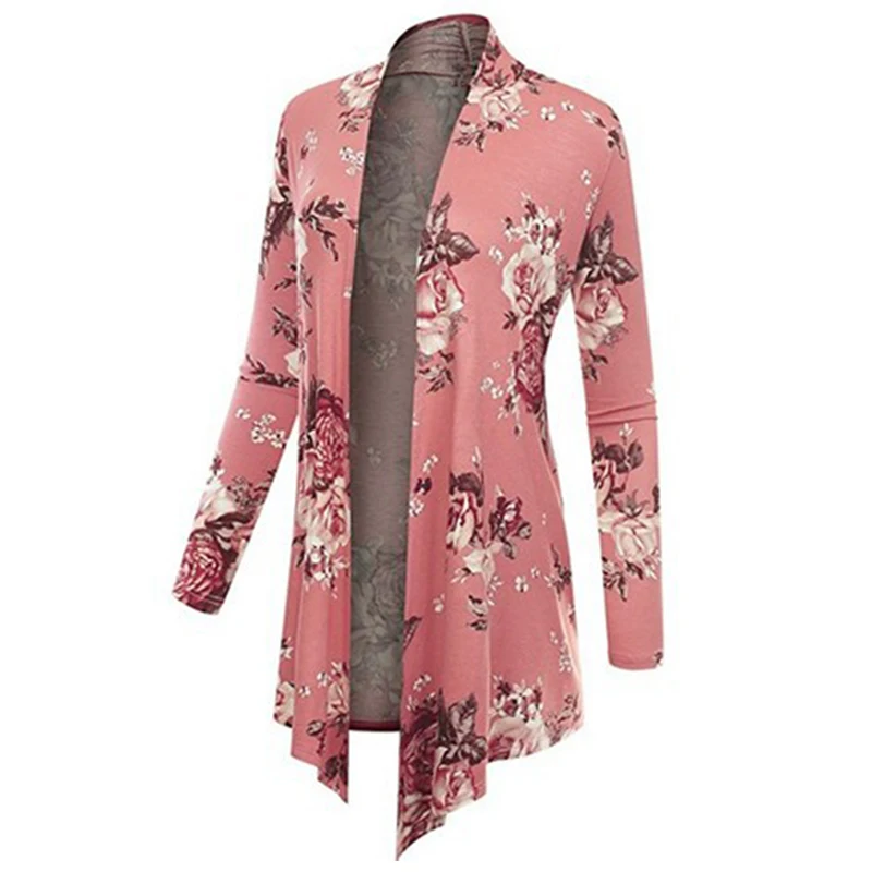 Pink Женская мода цветочный принт с длинным рукавом Boho асимметричный подол кардиган, вязаный жакет для дам негабаритных Femme - Цвет: Pink