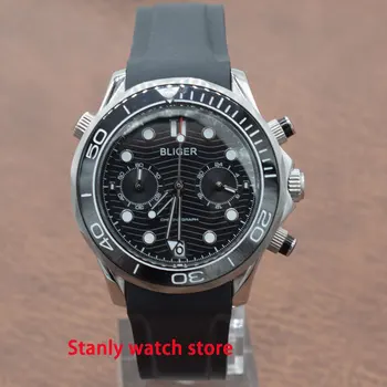 

Solid Bliger 41mm black dial luminous marks ceramic bezel sapphire glass chrograph stop watch function quartz movement men watch