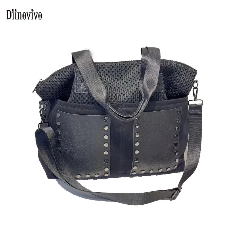 

Diinovivo Large Capacity Women Handbags Mesh PU Leather Patchwork Travel Bag Rivet Tote Female Shoulder Crossbody Bag WHDV2026