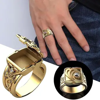 

Luxury Men's 14k Gold White Topaz Rings Secret Small Room Coffin Ring Size 6-13