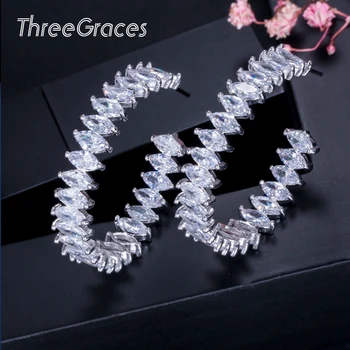 

ThreeGraces Unique Design White Topaz Big Round Hoop Earrings Sparkling Cubic Zirconia Fashion 925 Silver Jewelry Women ER114