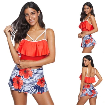 

Plus Size Swimsuit Ruffles High Waist Bikinis Set Floral Bathing Suits Summer Fashion Beach Wear Brazilian Biquinis Set S-5XL