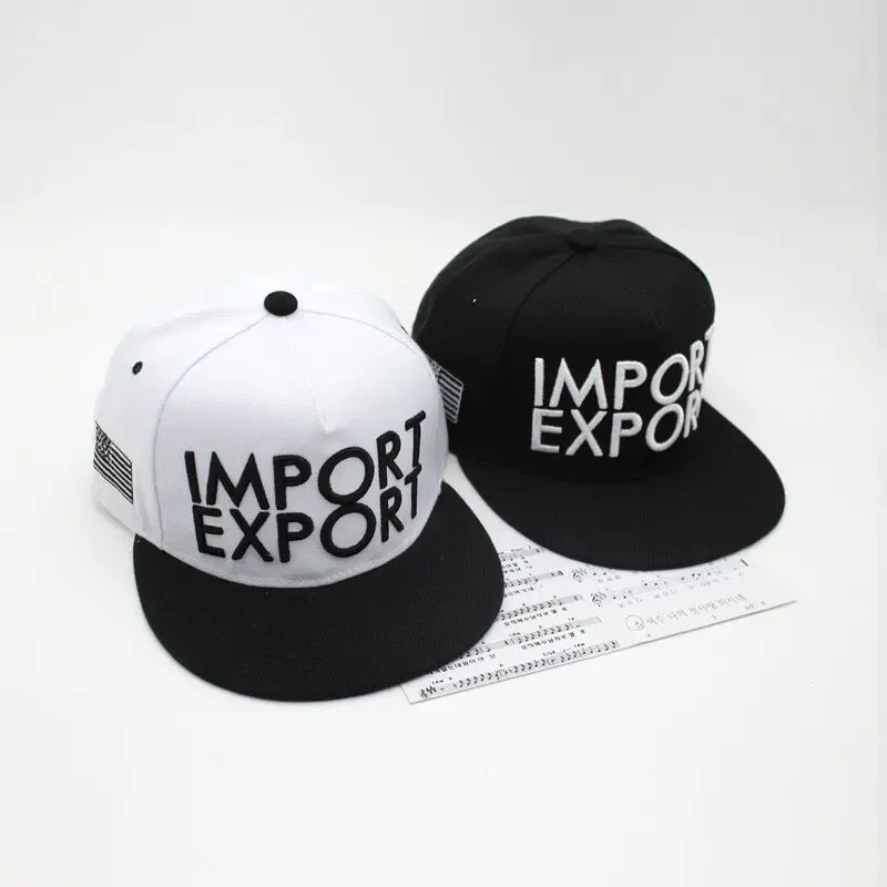 Фирменная новинка, Регулируемая Кепка snapback с надписью, импортный экспорт, хлопковая кепка Snapback с плоскими полями, Кепка для мужчин, женщин, хип-хоп, папа, черные шляпы