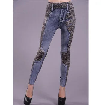 

2019 Spring Autumn Women Imitation Jeans Leggings Casual Fake Denim Blue Leggings Street Floral Leopard Patchwork Women Leggings