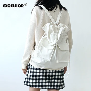 

EXCELSIOR 2020 New Style Cotton Canvas Backpack Teenager Schoolbags Fashion Student Drawstring Backpack Multiuse Bag for Women