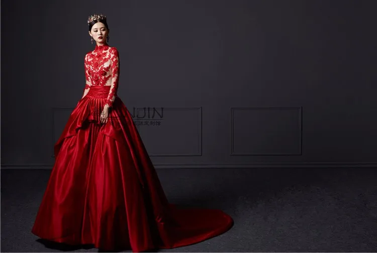 Новые пикантные с высоким воротником и красным шаром vestidos de festa Длинные рукава вечернее платье с кружевной аппликацией элегантное платье, платье на выпускной, платья