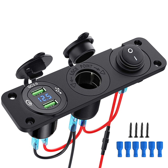 Cigarette Lighter Socket 3 in 1 Waterproof Car Dual QC3.0 USB Outlet Panel for RV Marine Boat Power Socket Charger Socket