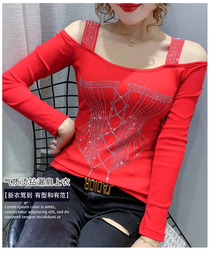 2020 Autumn new woman tshirts Fashion sexy off the shoulder women t-shirt long sleeve Hot drilling plus size women clothing