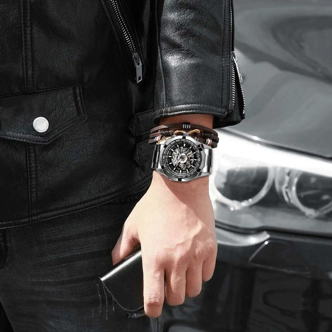 Silver Stainless Steel Waterproof Military Sport Casual Mechanical Wrist Watch Mens Watch Luxury Clock