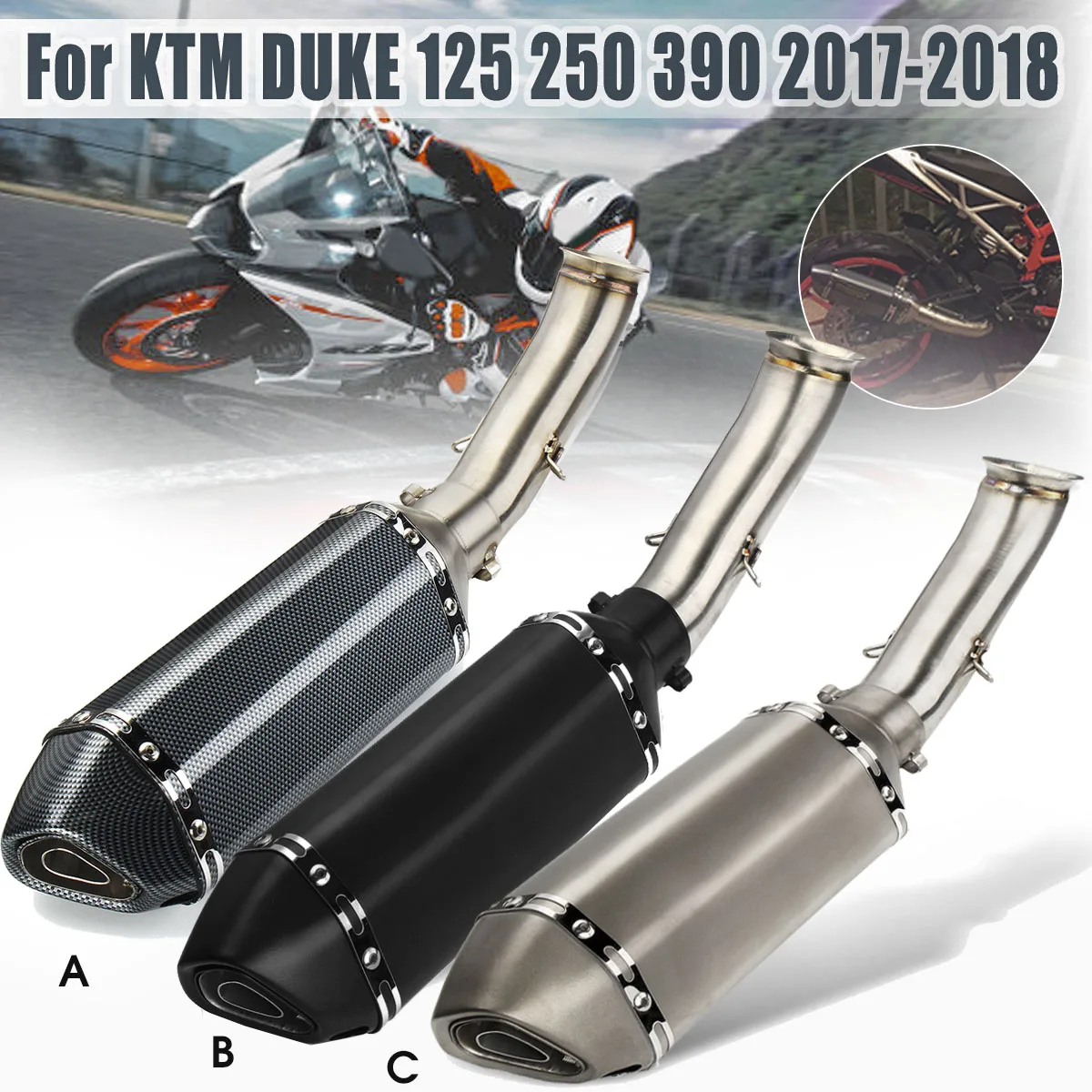 

Universal 51mm Motorcycle Exhaust Muffler + Middle Pipe For KTM DUKE 125 250 390 2017 2018