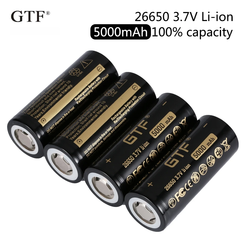 GTF 26650 3.7V 5000mAh real capacity Li-Ion Rechargeable Battery for Flashlight UPS backup power supply flat head batteries