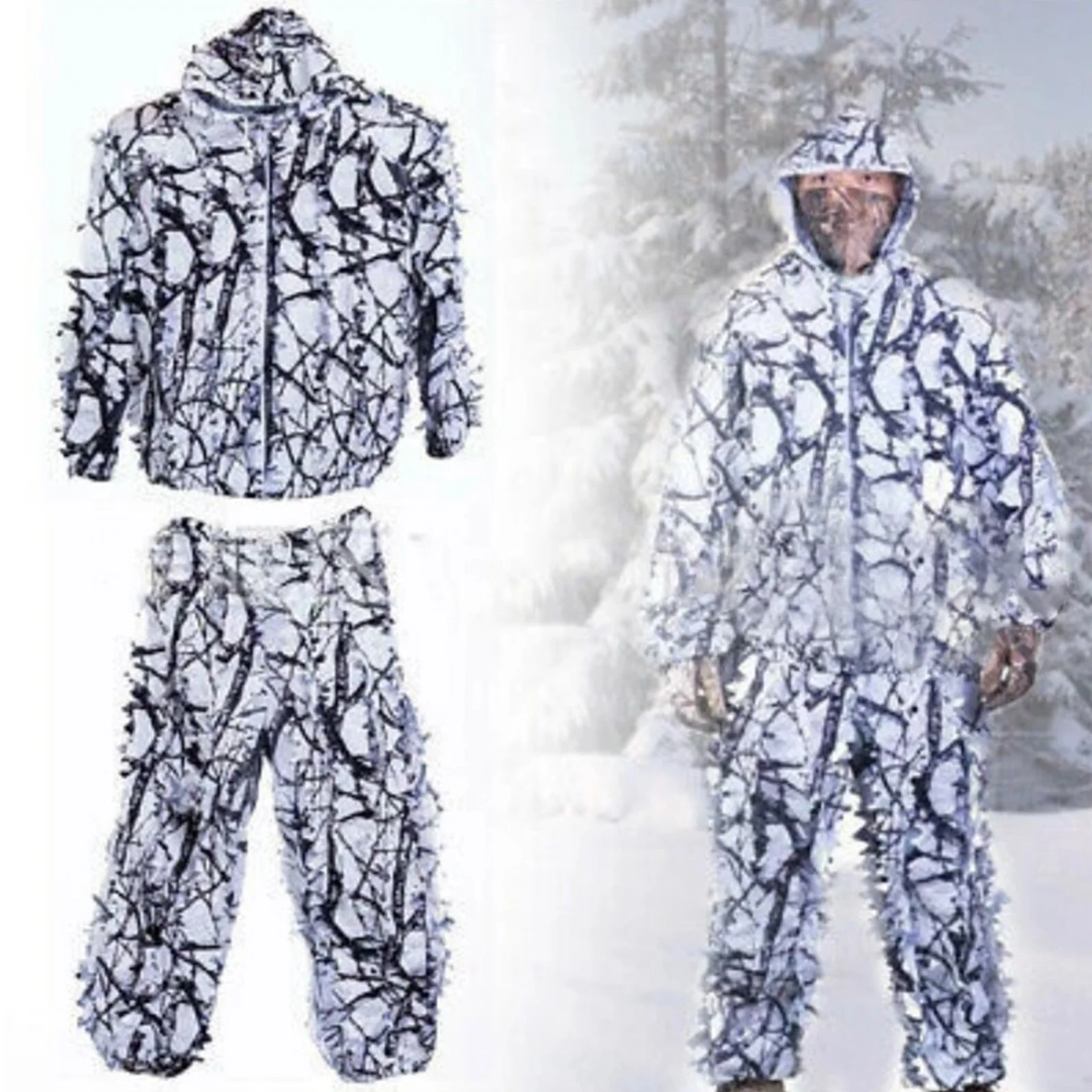 Adult 3D Leafy Hunting Camouflage Clothes Ghillie Suit Jacket Hooded Pants Jungle Hunting Shooting Halloween Snow 