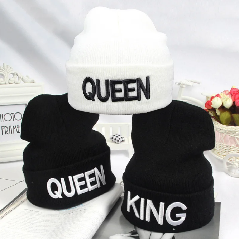 Женские зимние шапки King queen Beanies для женщин и мужчин, Осенние теплые вязаные шапки Skullies с вышитыми буквами, шапка в стиле хип-хоп, лыжная спортивная шапка