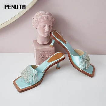 

2020 PENUTA Tassel Slippers Luxury Women Summer Slides High Heel Satin Mules Square Toe Ladies Hot Sale Fashion Shoes New T0043