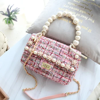 

Colorful Grid Wool Fabric Women Fashion Falp Handbag Pearl Crystal Flower Studded Clutch Purse Pearl Tring Top Handle Purse Lady