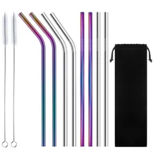 8pcs/set With Cleaning Brush Sucker Multicolor Stainless Steel Cold Party Fruit Juice Straw Kit Drinking Kitchen Metal Reusable
