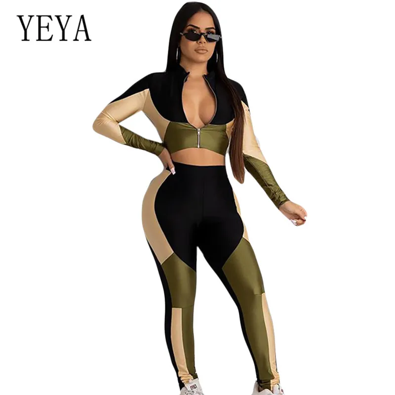 

YEYA Rompers Fashion Contrast Zipper Long Sleeve Two Pieces Sets Hollow Out Playsuits Casual Patchwork Skinny Jumpsuits Women
