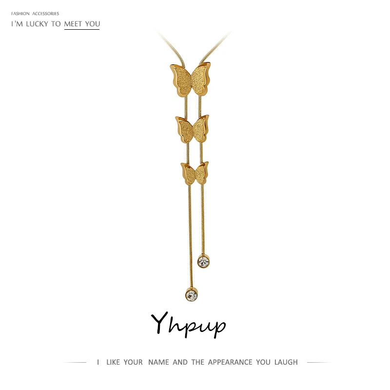 Pendant Necklace Jewelry Stainless-Steel Yhpup Butterfly Metal Women Trendy for Shiny