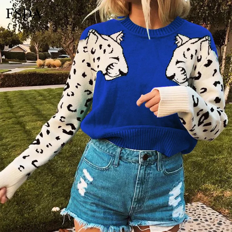 FSDA Leopard Printed Women Sweater Knitted Autumn Winter Pullover Casual Loose O Neck Black Green Gray Female Jumper | Женская одежда
