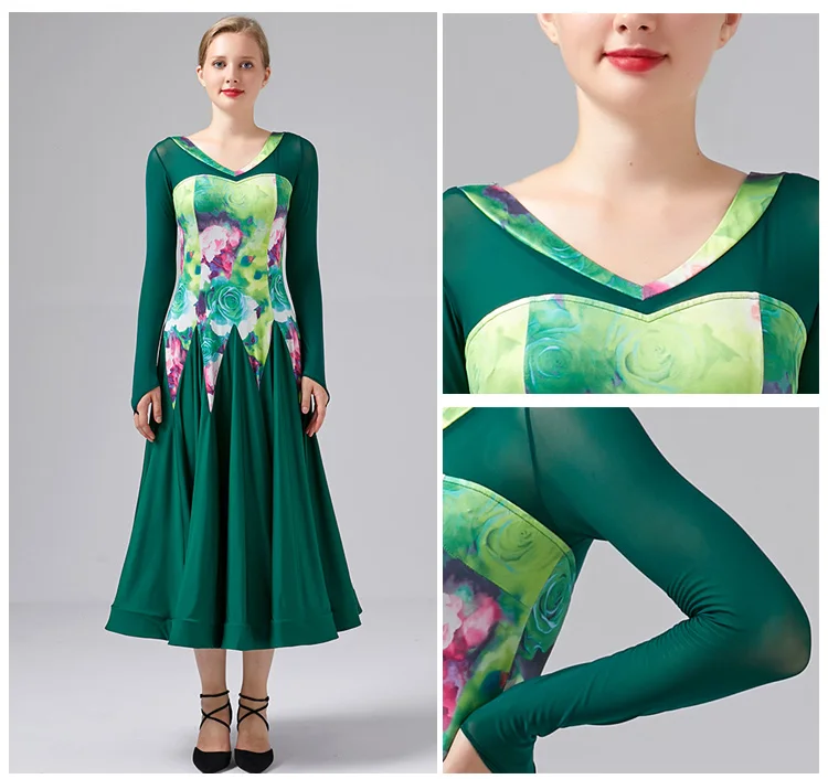 NEW Black Green Ballroom Competition Dance Dress Women Modern Tango Waltz Standard Dress