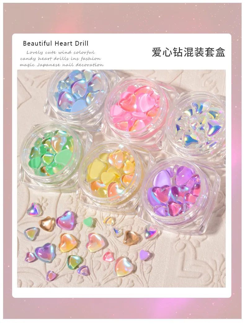 FlorVida 20pcs Sweet Heart Mermaid Rhinestone Beads Holographic Crystal Gems Stones For Nail Art Decorations Mix Size Box Kawaii