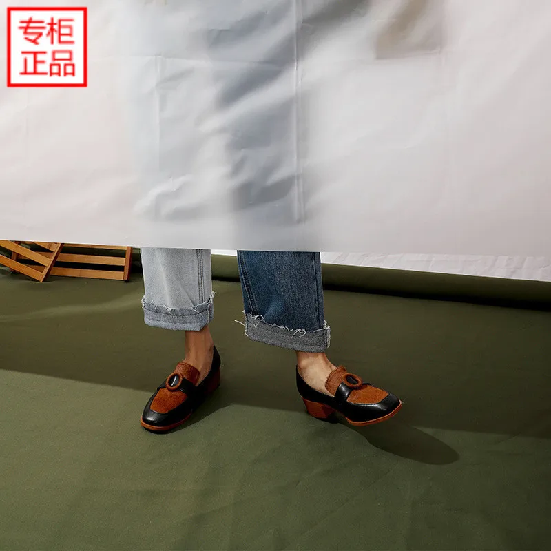 

2019 Spring New Style British Style Horsehair Women's Square Head Belt Buckle Chunky-Heel Low Heel WOMEN'S Genuine Leather Shoes