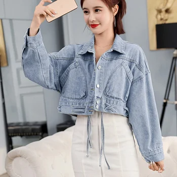 

2020 Autumn New Foreign Air Hem Cross Strap Bat Sleeve Denim Short Jacket Female Loose
