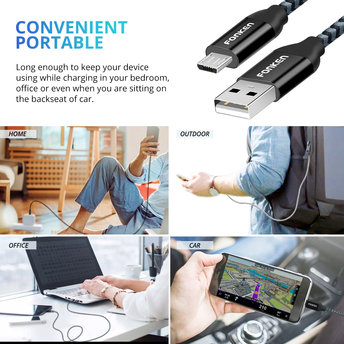 3 шт. FONKEN Micro USB кабель Быстрая зарядка для телефона кабель 2128AWG QC3.0 4,0 2.4A Быстрая зарядка нейлоновый плетеный шнур для мобильных данных