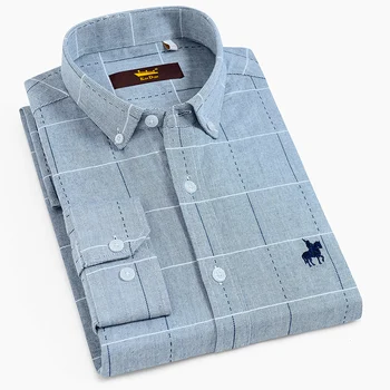 

Men's Casual Button Down Plaid Checked Shirt with Embroidered Logo Long Sleeve Comfortable 100% Cotton Standard-fit Dress Shirts