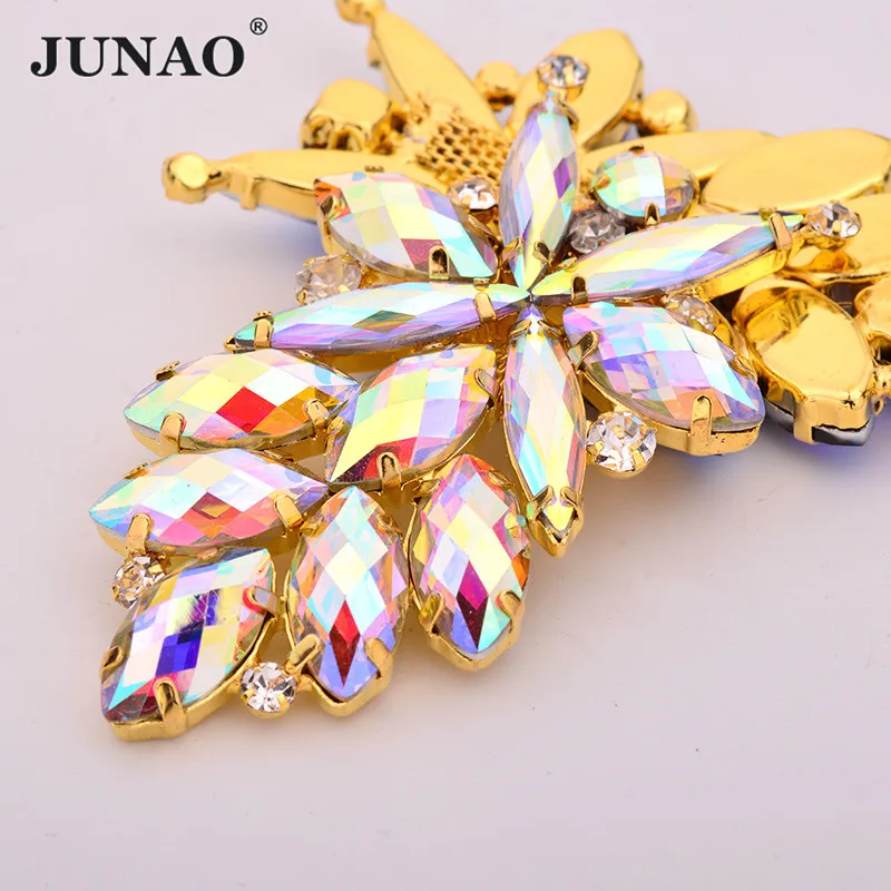 

JUNAO 2pcs 42*72mm Crystal AB Color Sewn Glass Claw Rhinestone Flowers Gold Applique Flat Back Crystal Stones For Wedding Dress