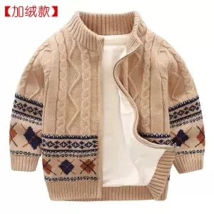 Baby Boys Sweaters Jackets Autumn Winter New Children's Print Knitted Coats Children's Boys Cardigan Coat Toddler Outwear - Цвет: beige with velvet