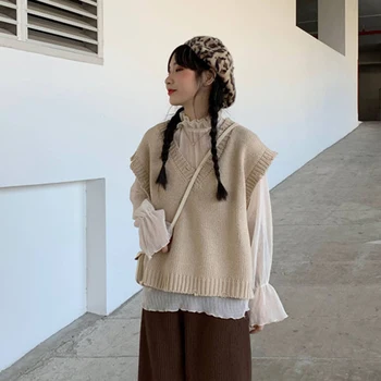 

Korean Knit Sleeveless Loose Vests Woman College Style V-Neck Slim Short Vests Ladies Simple Solid Color Women'S Jacket Vests