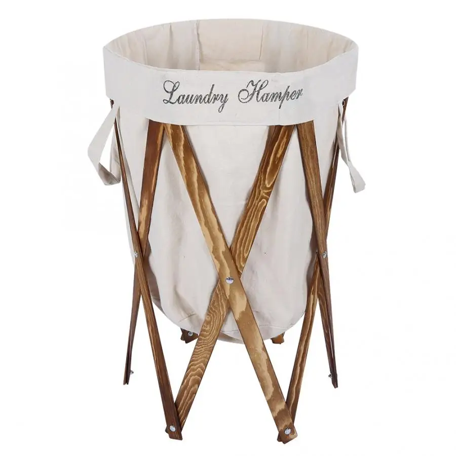 Foldable Laundry Hamper Basket with Wooden Frame Dirty Clothes Bag for Home Use - Цвет: Белый