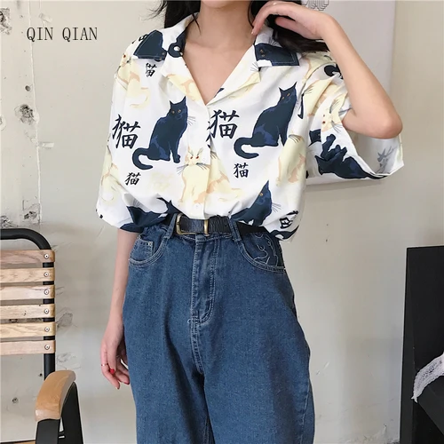 

Chinese Letter Cat Printed Casual Loose Turn Down Collar 2019 Hot Sale Button Line Female Women Short Sleeve Holiday Shirts