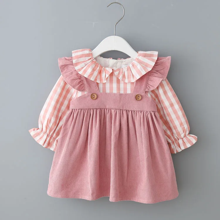 Новое Осеннее теплое флисовое платье из двух предметов для маленьких девочек; милое клетчатое модное вельветовое плиссированное платье принцессы - Цвет: Розовый