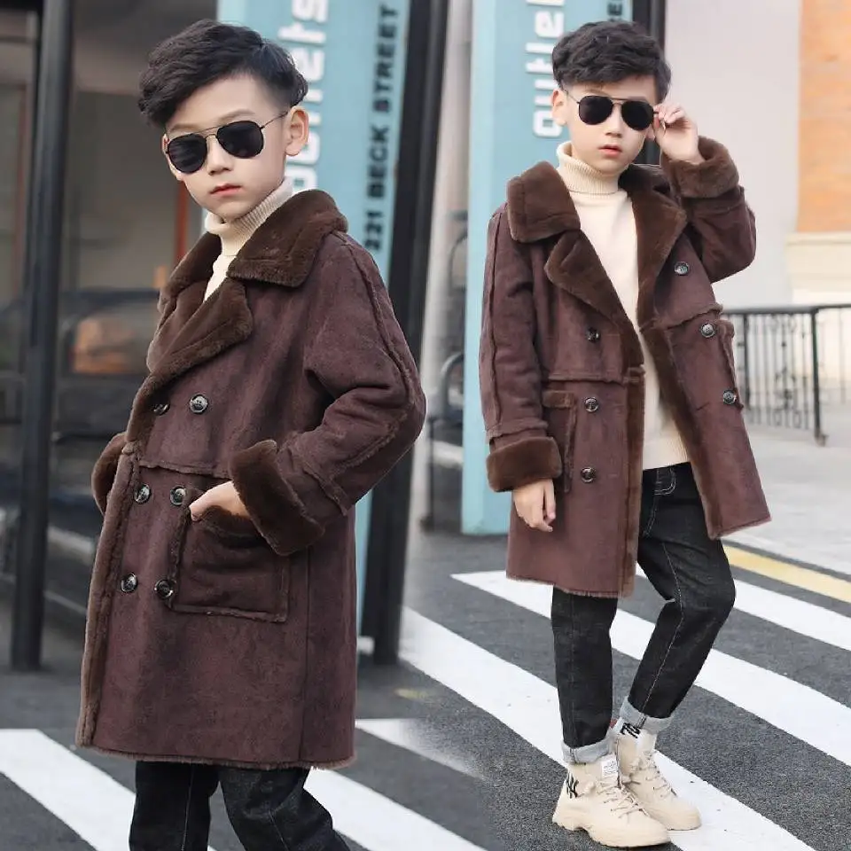 Fashion Autumn Winter Boys Woolen Outwear Coat For 4 6 8 10 12 14 Year Long Children Turn-Down Collar Jackets 3 Colors