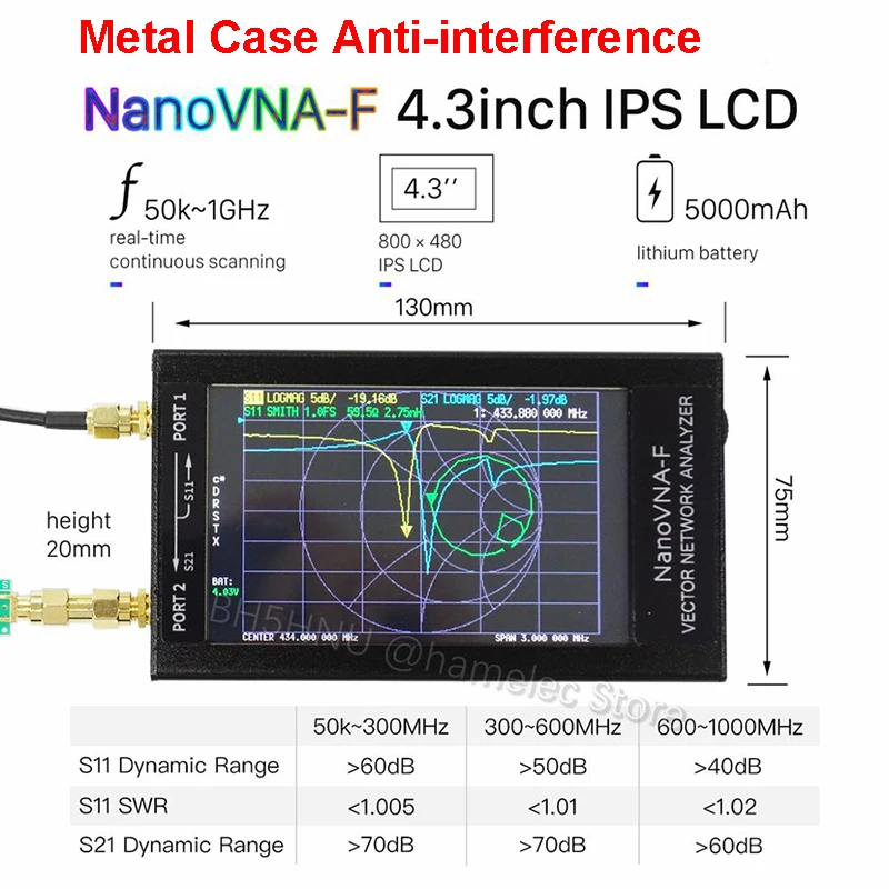 NanoVNA-F Vector Network Analyzer HF VHF UHF VNA 50KHz-1000MHz 4.3/" LCD w// Case