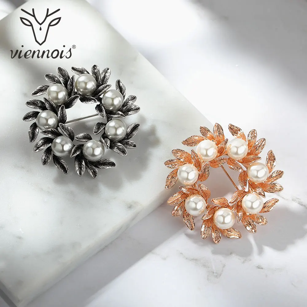 Viennois Flower Simulated Pearl Sweater Brooch For Women Zircon Rose Gold &amp Gun Color Classic Decoration Pins Winter Gift | Украшения и