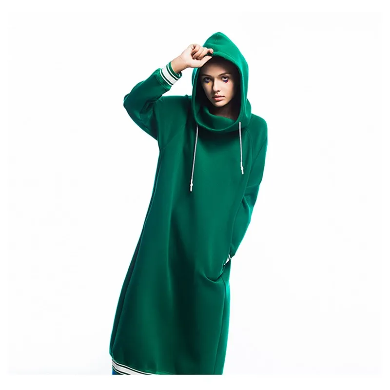 

2019 New Spring Autumn Women Casual Sporty Style Loose Knitted Cotton Long Sweatshirt Ladies Thick Blue/Green Long Hoodies