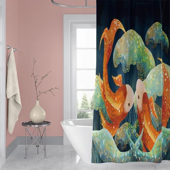 

Cassisy Bathroom Shower Curtain Koi Chinese style Creative Bathroom Decor Waterproof 100% Polyester Washable Curtain W/Hooks